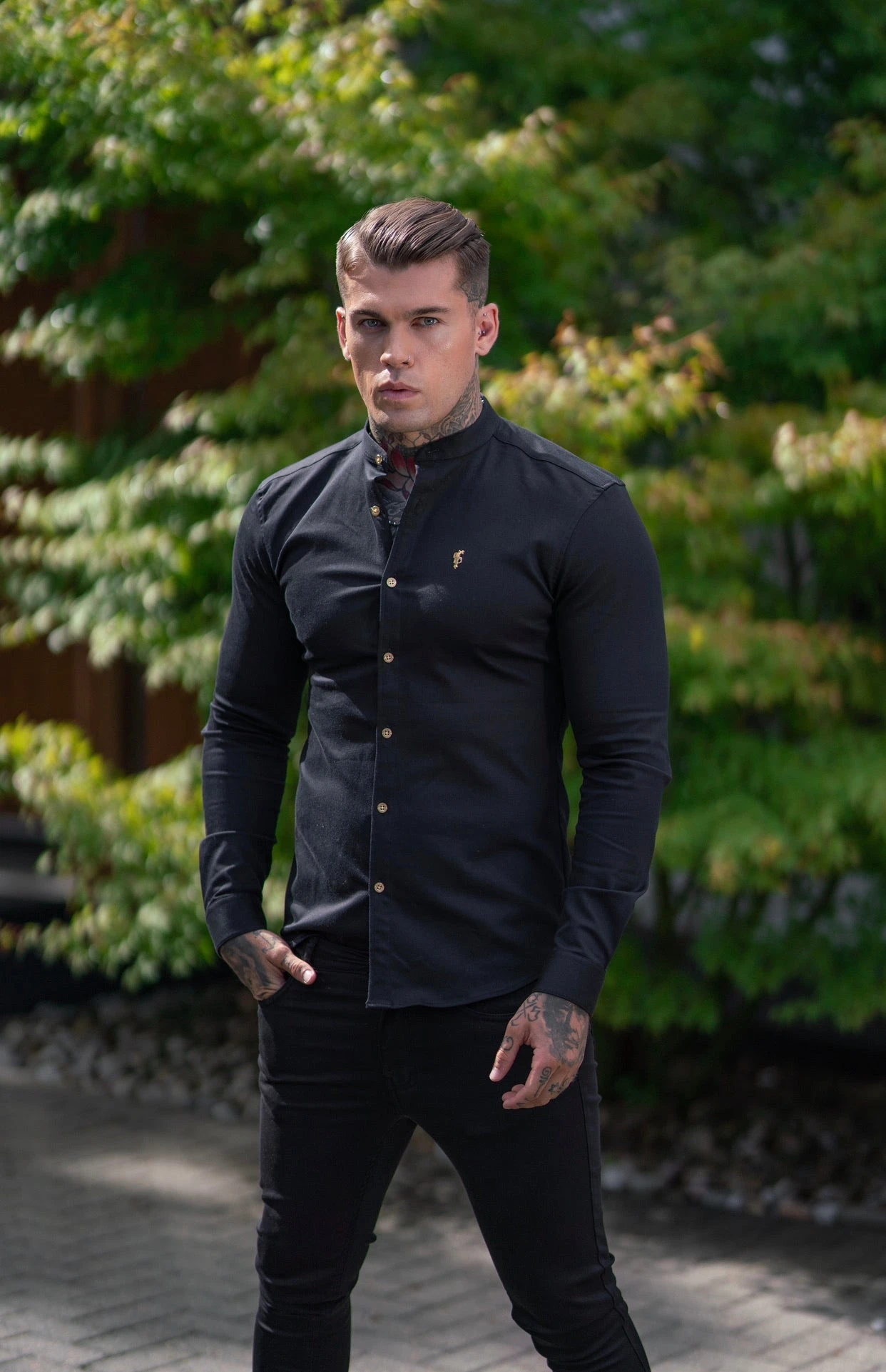 Father Sons Super Slim Stretch Black Denim Long Sleeve Grandad Collar With Metal Buttons And Decal Emblem - FS707 - Image 18