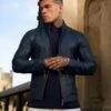 Father Sons Navy Lambs Leather Jacket With Silver Zips - FSH790