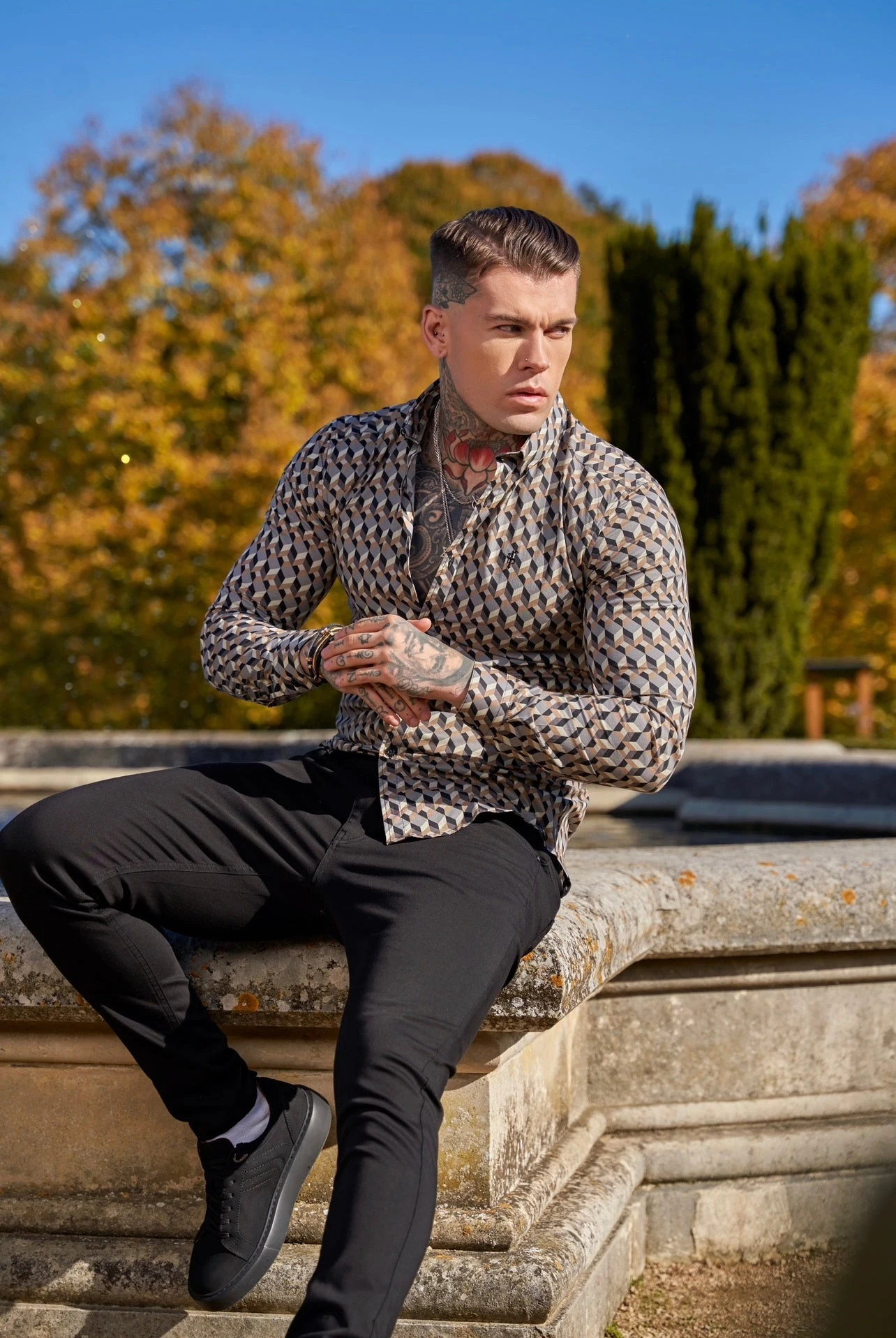 Father Sons Super Slim Stretch Grey / Beige Chevron Print Long Sleeve With Button Down Collar - FS904 - Image 6