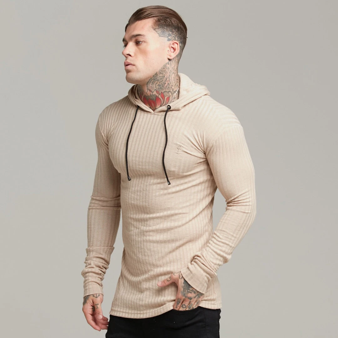 Father Sons Classic Beige Ribbed Knit Hoodie Jumper - FSH412 - Image 3