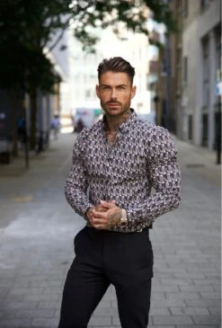 Father Sons Super Slim Stretch Black Multi Retro Print Long Sleeve With Button Down Collar - FS910
