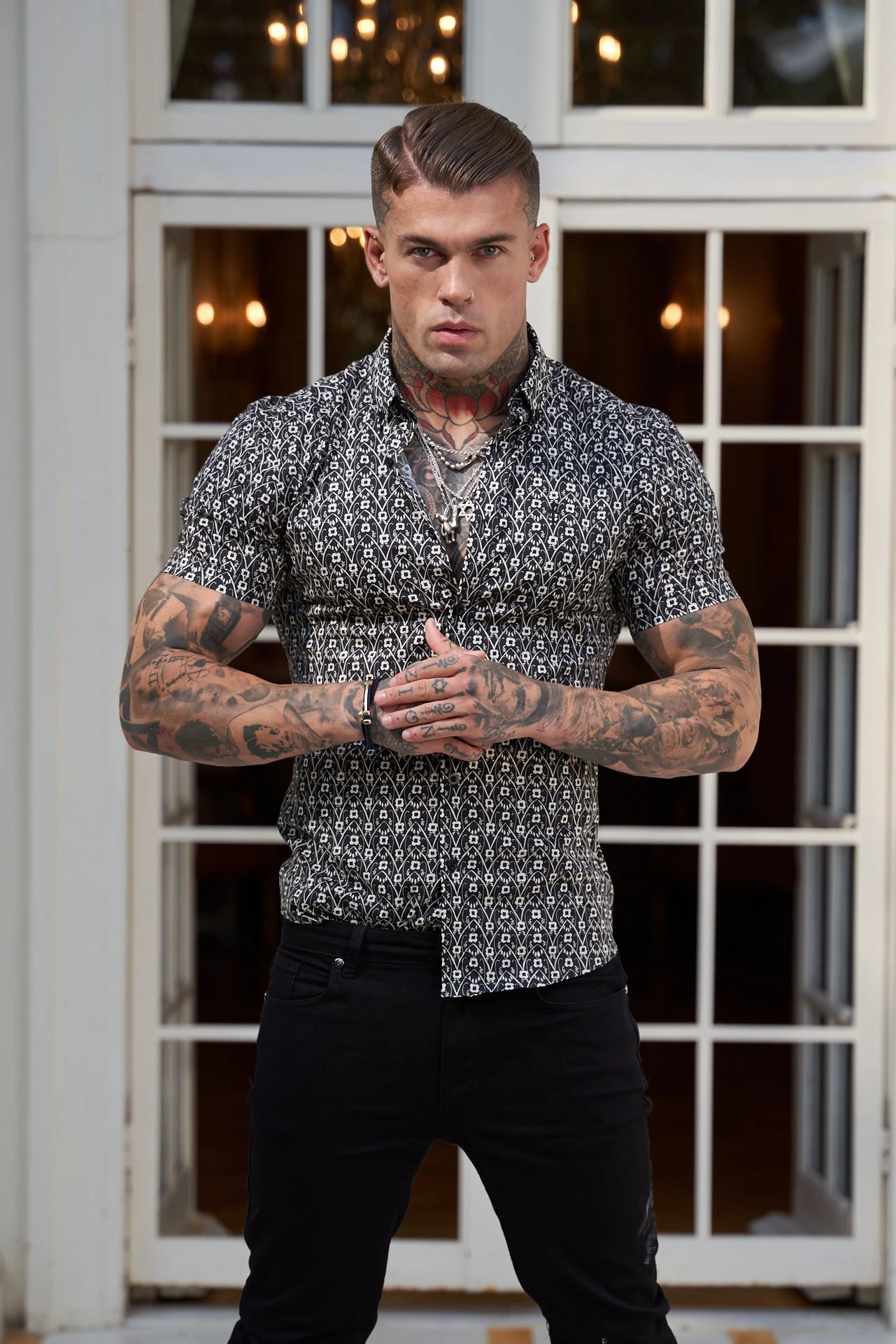 Father Sons Super Slim Stretch Black And Ecru Geo Flower Print Short Sleeve With Button Down Collar - FS787 - Image 5