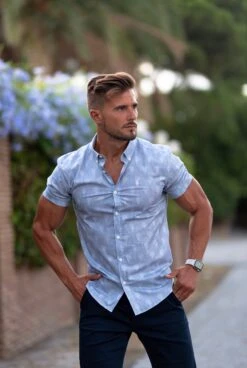 Father Sons Super Slim Stretch Light Blue And White Palm Leaf Print Short Sleeve - FS701