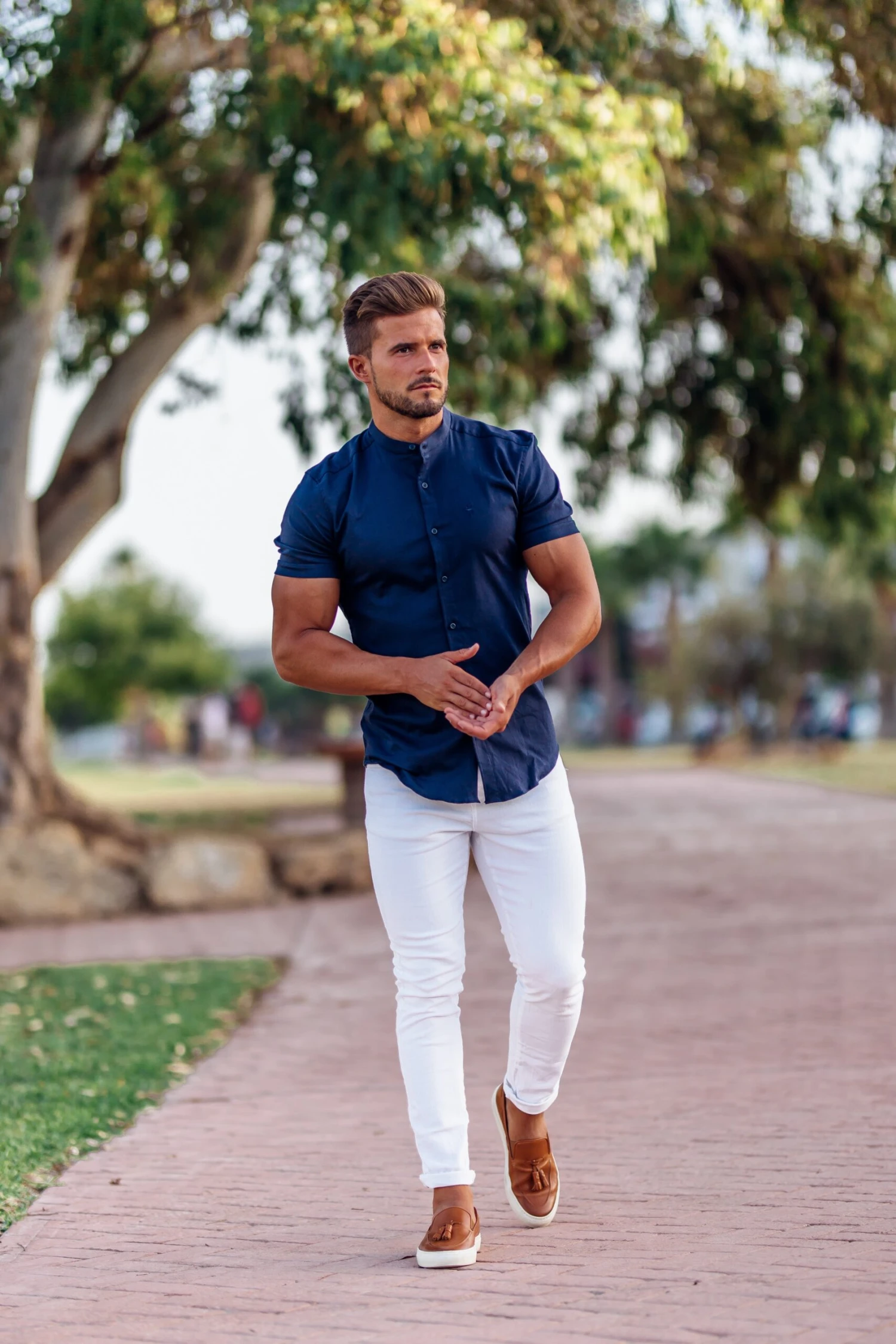 Father Sons Super Slim Stretch Grandad Collar Short Sleeve Classic Navy Oxford - FS584 - Image 3