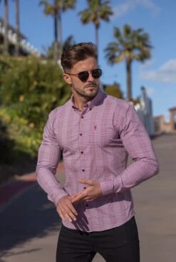 Father Sons Super Slim Stretch Prince Of Wales White And Burgundy Print Check Long Sleeve - FS752