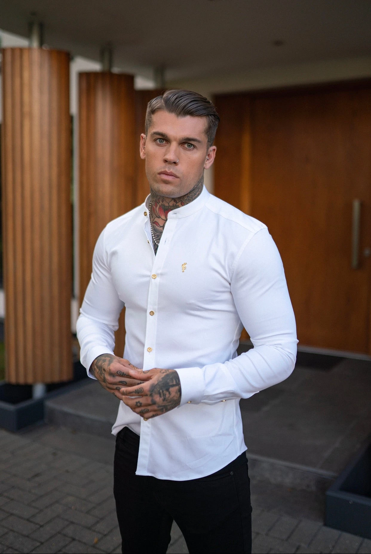 Father Sons Super Slim Stretch White Denim Long Sleeve Grandad Collar With Metal Buttons And Decal Emblem - FS719 - Image 3