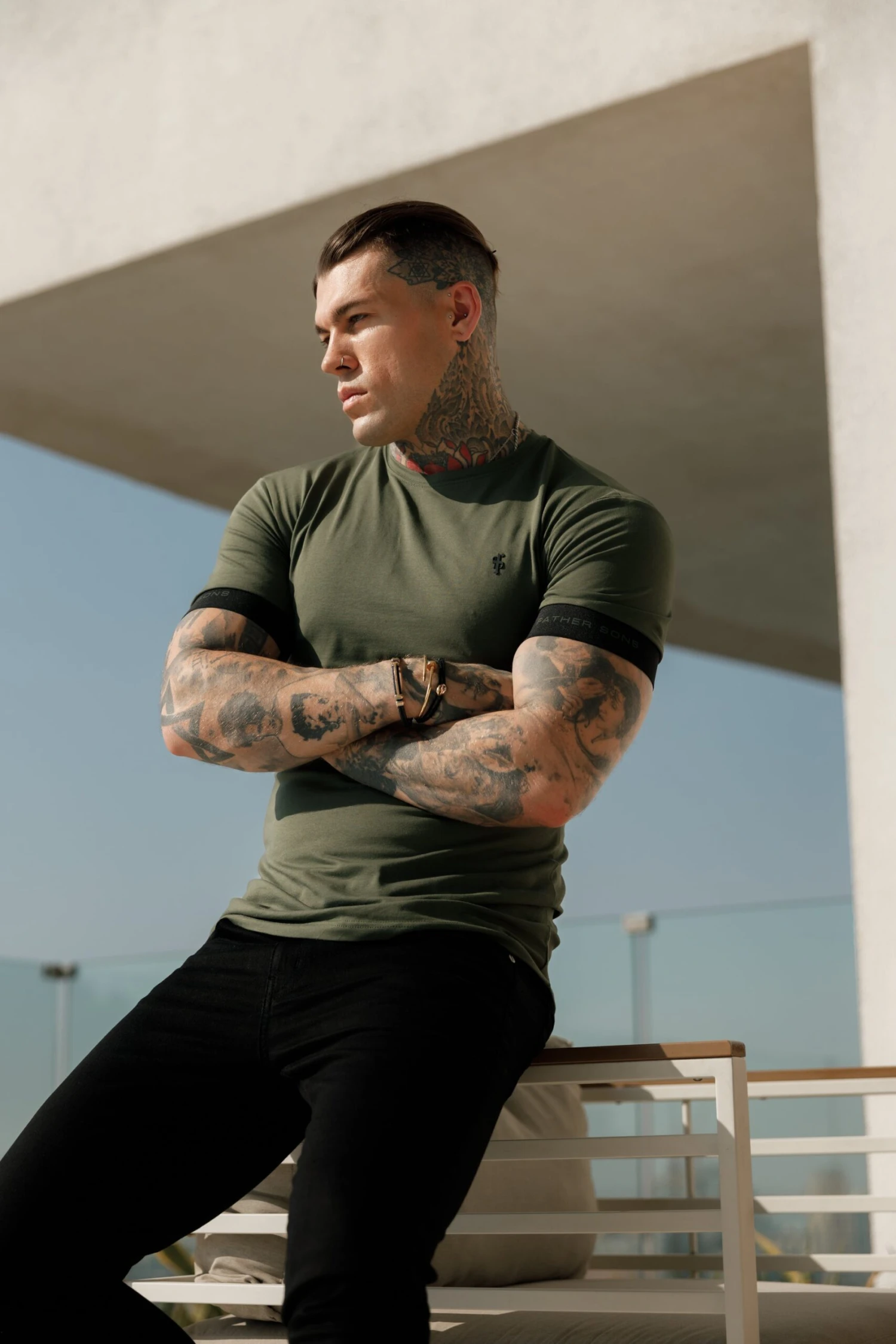 Father Sons Classic Khaki Crew T Shirt With FS Elastic Sleeve Branding - FSH781