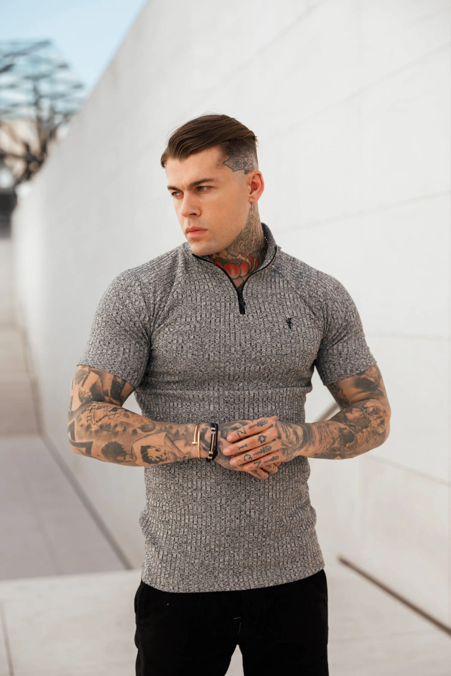 Father Sons Classic Grey Ribbed Zip Funnel Neck Raglan Short Sleeve Crew - FSH730 - Image 2