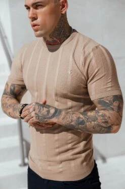 Father Sons Classic Short Sleeve Oatmeal Knitted Wide Rib Crew With Gold Emblem - FSH741