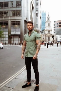 Father Sons Super Slim Stretch Classic Khaki Short Sleeve With Button Down Collar - FS818