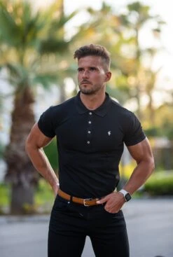 Father Sons Classic Black Polo Shirt With Silver Metal Emblem Decal & Buttons - FSH459