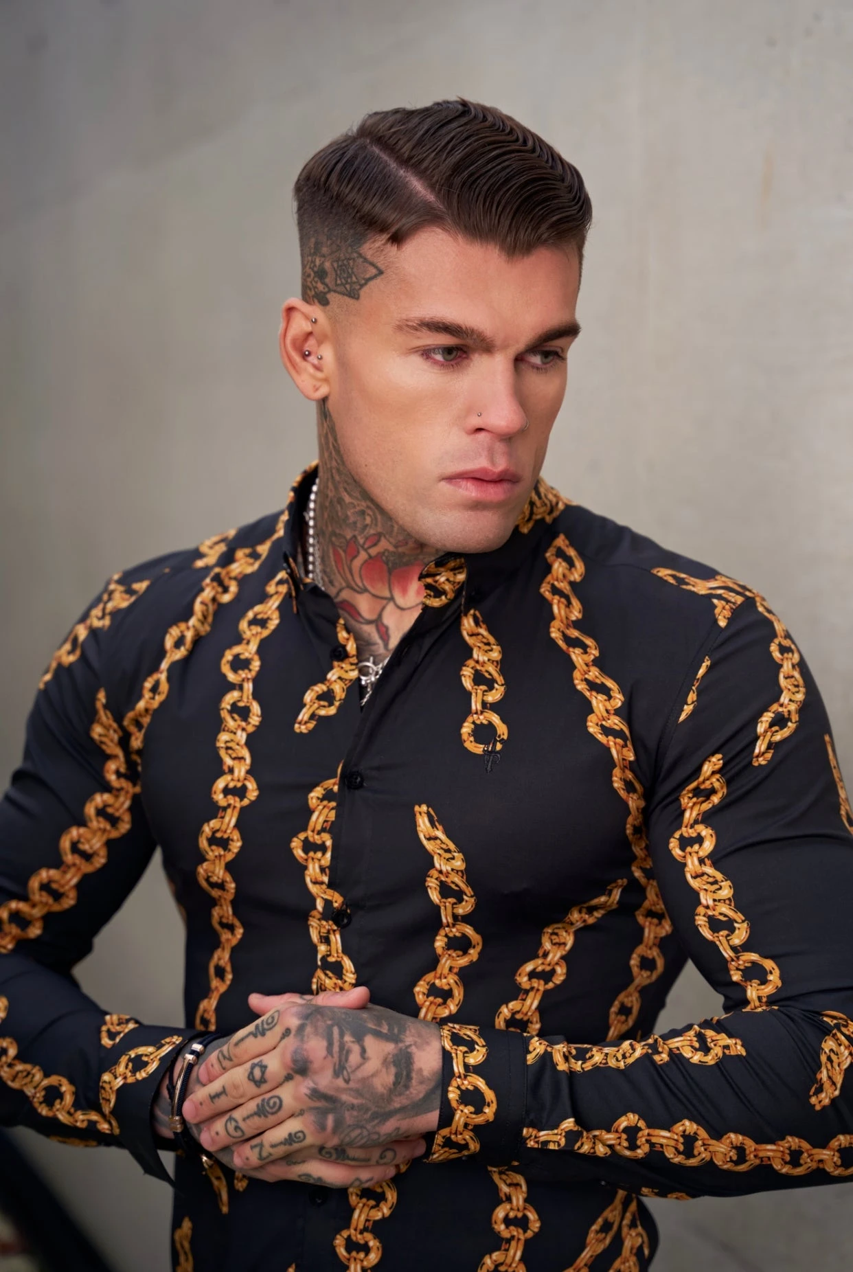 Father Sons Super Slim Stretch Black / Gold Chain Print Long Sleeve With Button Down Collar - FS856