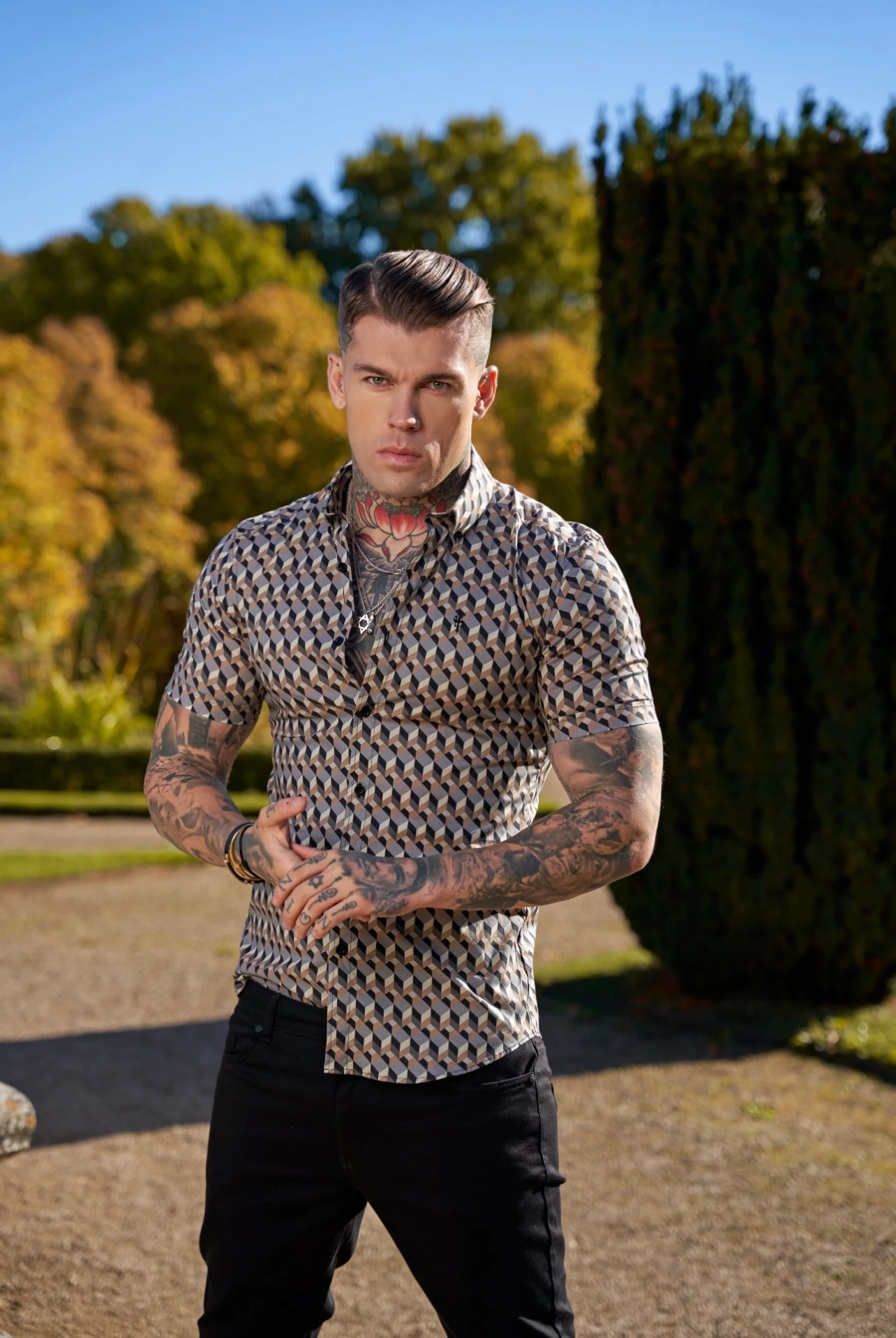 Father Sons Super Slim Stretch Grey / Beige Chevron Print Short Sleeve With Button Down Collar - FS905 - Image 4