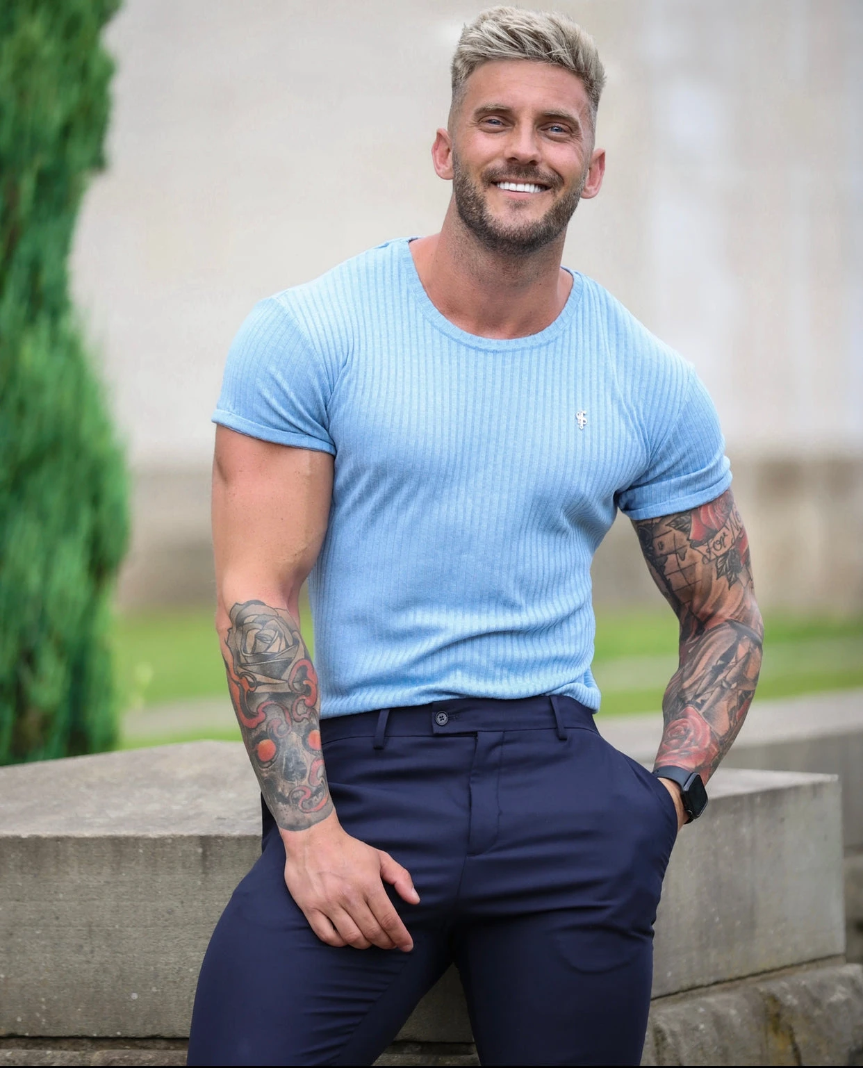 Father Sons Classic Light Blue Rib Short Sleeve Crew T Shirt With Silver Decal - FSH635 - Image 4