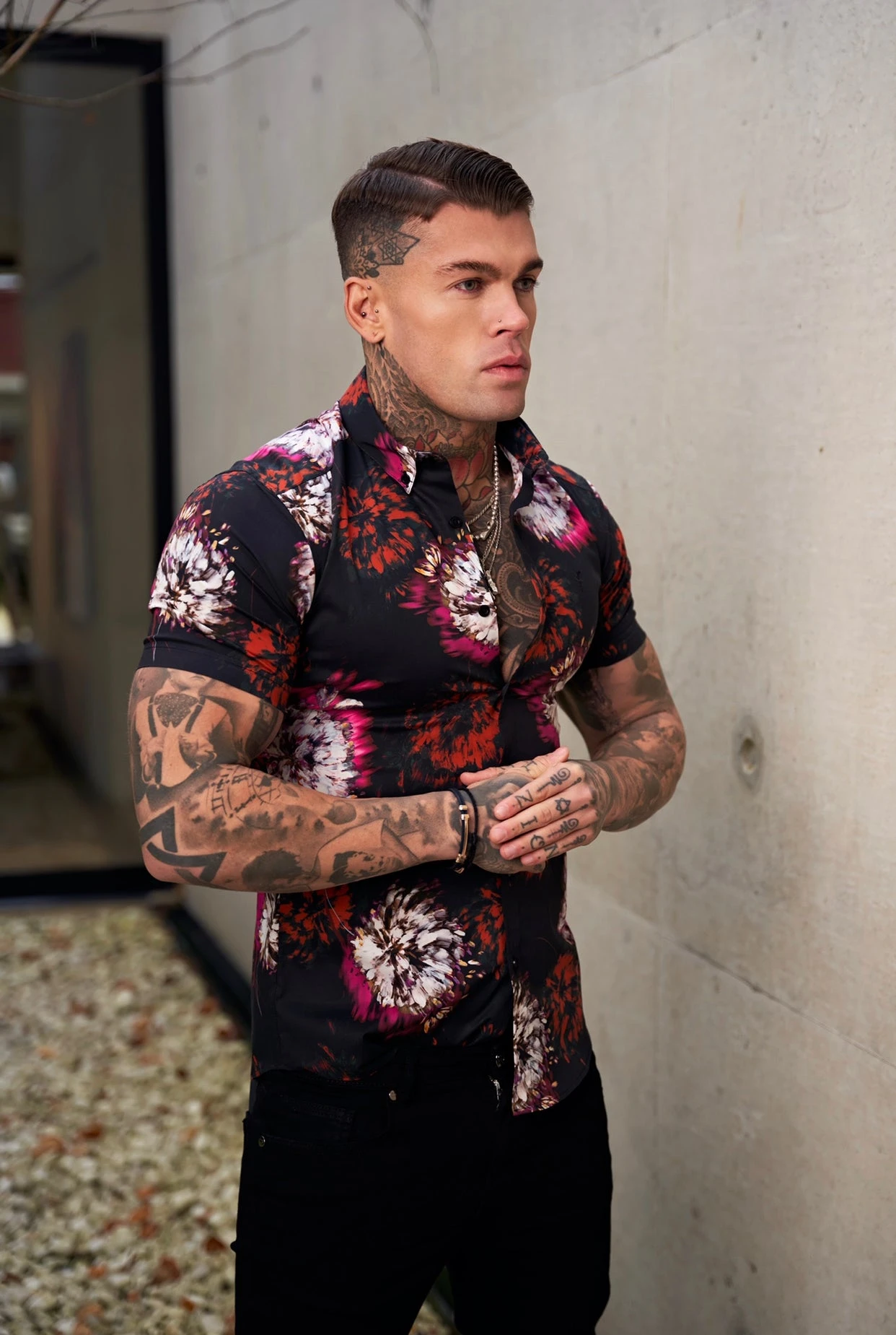 Father Sons Super Slim Stretch Black With Red / Pink Blurred Flower Print Short Sleeve With Button Down Collar - FS845 - Image 6