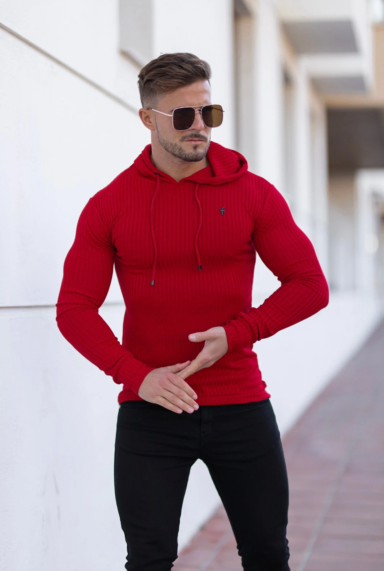 Father Sons Classic Red Ribbed Knit Hoodie Jumper With Black Emblem - FSH620 - Image 3