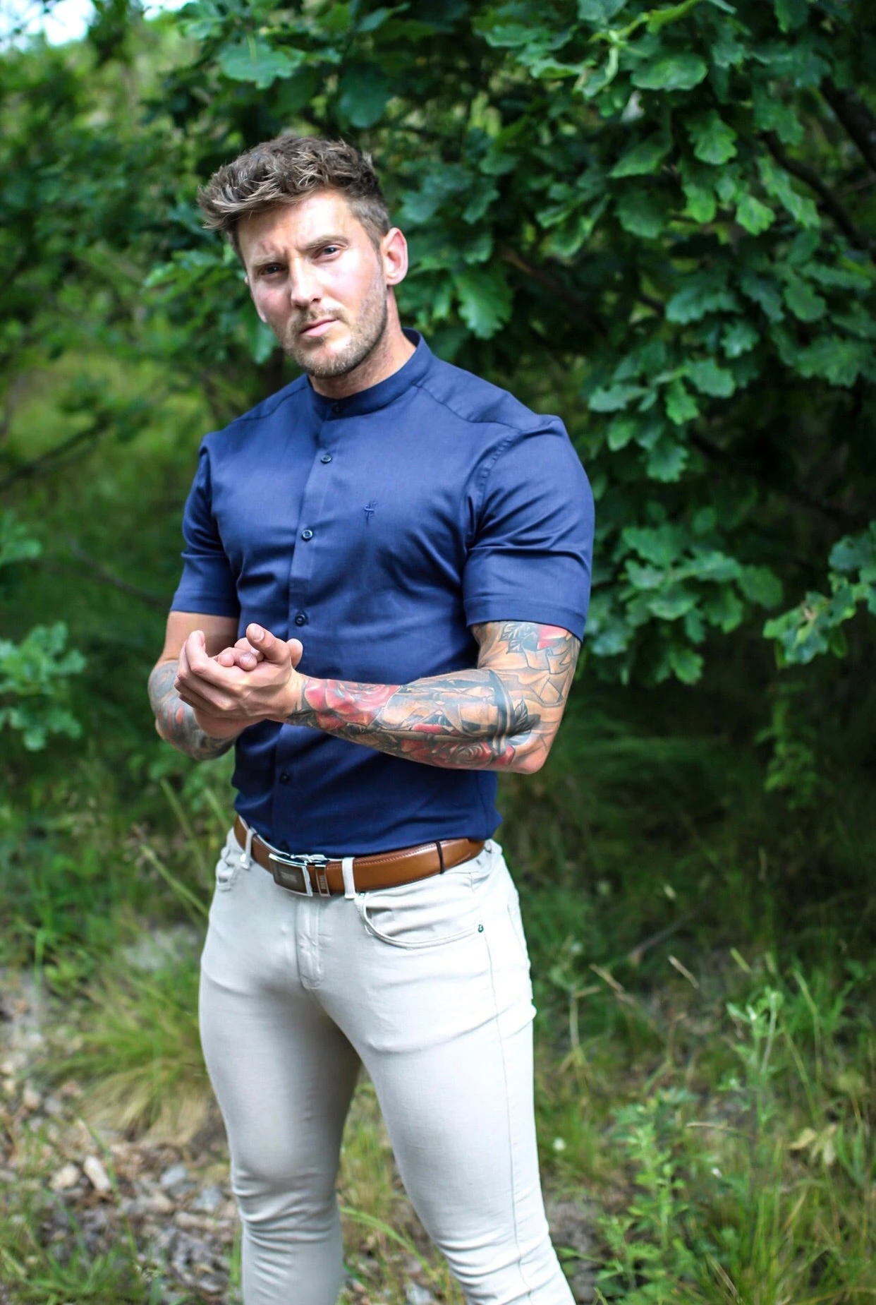 Father Sons Super Slim Stretch Grandad Collar Short Sleeve Classic Navy Oxford - FS584 - Image 9