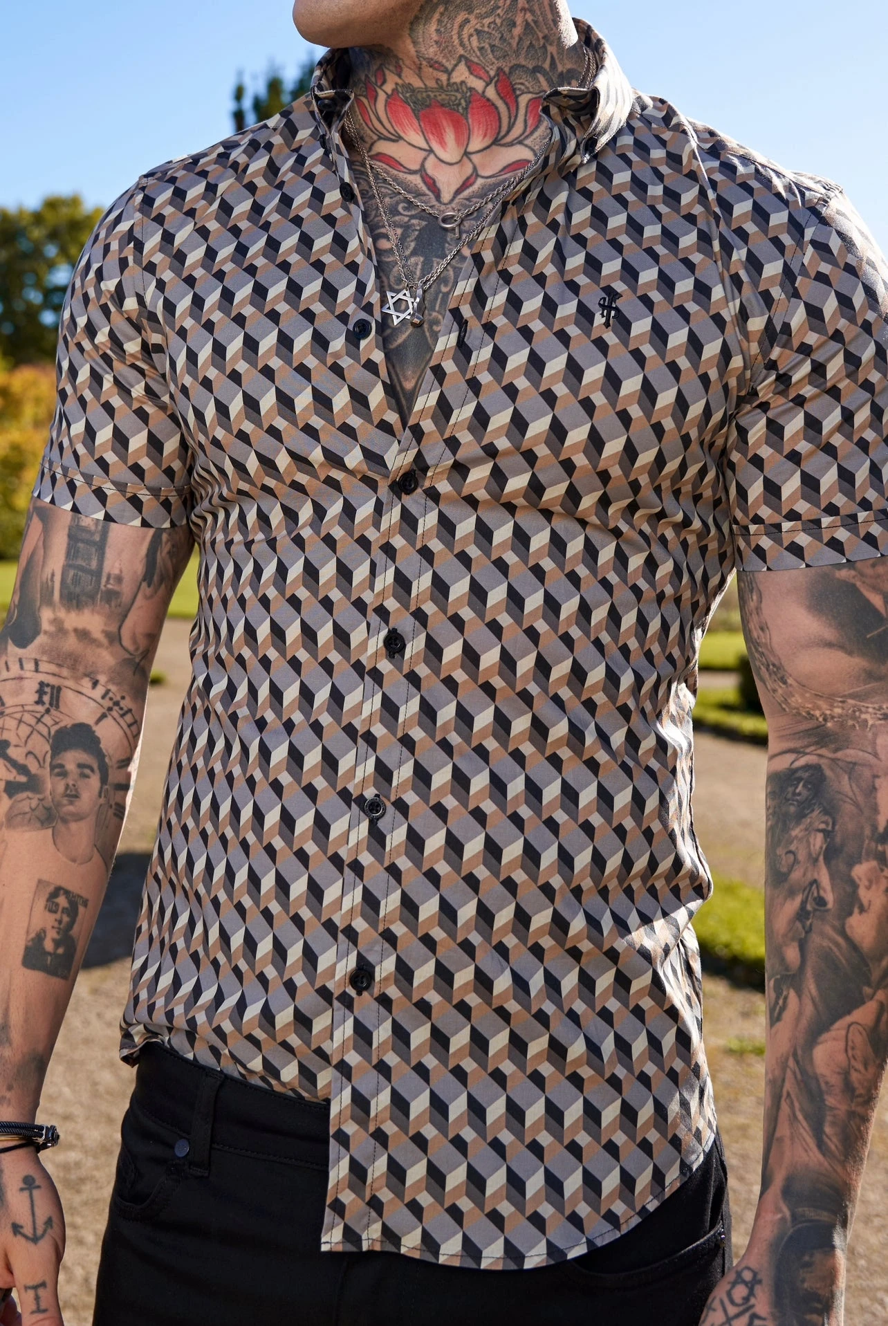 Father Sons Super Slim Stretch Grey / Beige Chevron Print Short Sleeve With Button Down Collar - FS905 - Image 5