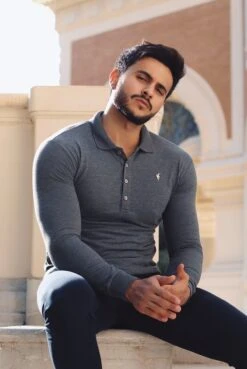 Father Sons Classic Dark Grey Long Sleeve Polo Shirt With Silver Metal Emblem Decal & Buttons - FSH519