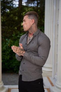 Father Sons Super Slim Stretch Black And Off White Abstract Print Long Sleeve With Button Down Collar - FS786