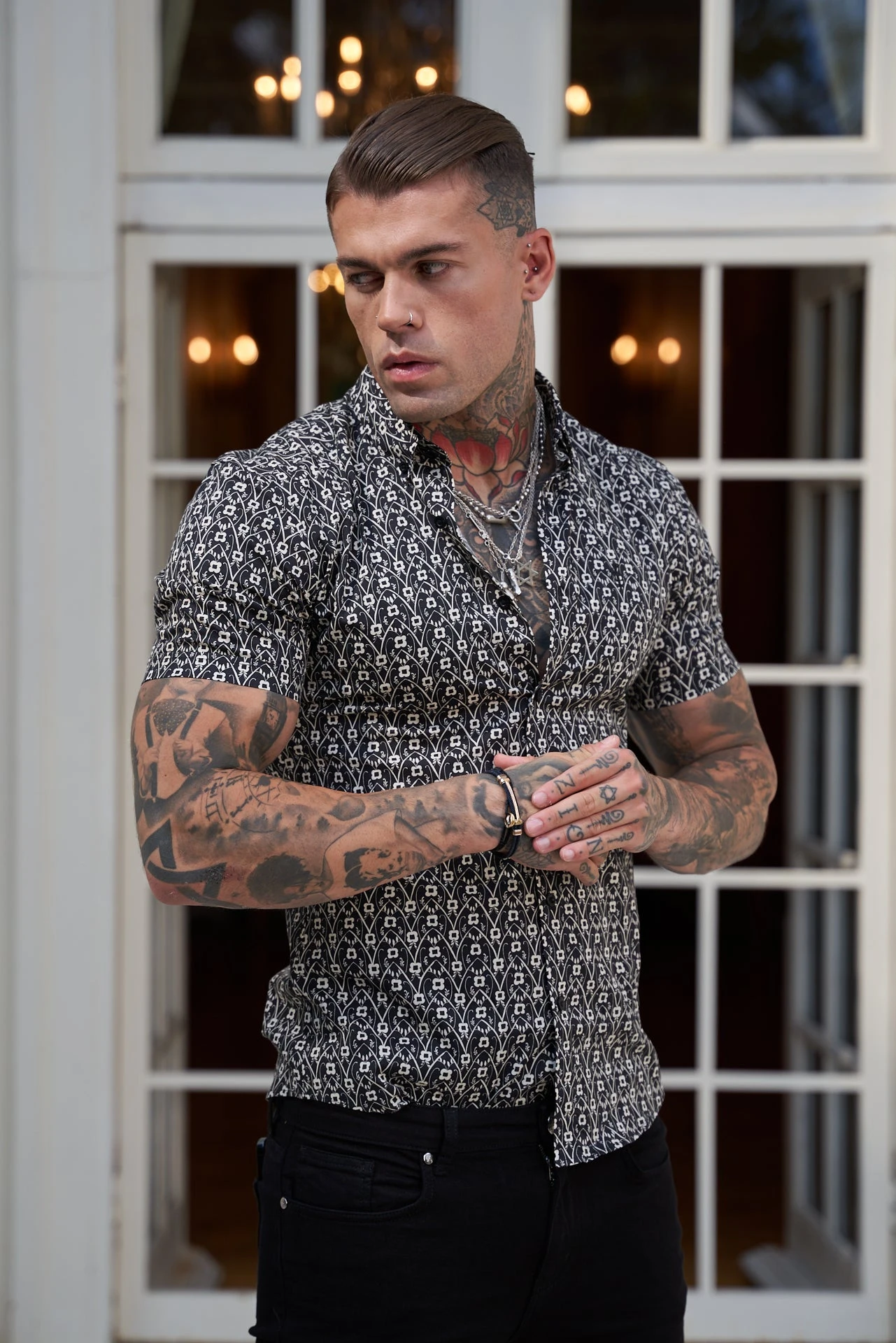 Father Sons Super Slim Stretch Black And Ecru Geo Flower Print Short Sleeve With Button Down Collar - FS787 - Image 3