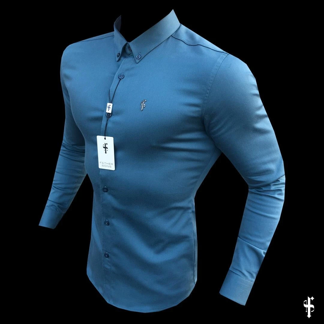 Father Sons Super Slim Stretch Teal Denim Long Sleeve With Metal Decal Emblem - FS630