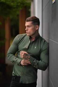 Father Sons Super Slim Stretch Khaki Denim Long Sleeve Grandad Collar With Metal Buttons And Decal Emblem - FS715