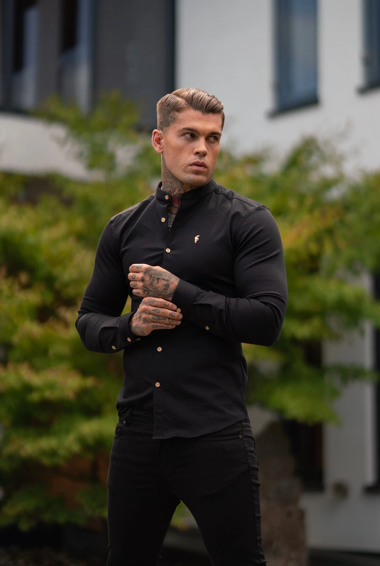 Father Sons Super Slim Stretch Black Denim Long Sleeve Grandad Collar With Metal Buttons And Decal Emblem - FS707 - Image 9