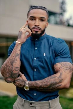 Father Sons Super Slim Stretch Aegean Blue Denim Short Sleeve Grandad Collar With Metal Buttons And Decal Emblem - FS776