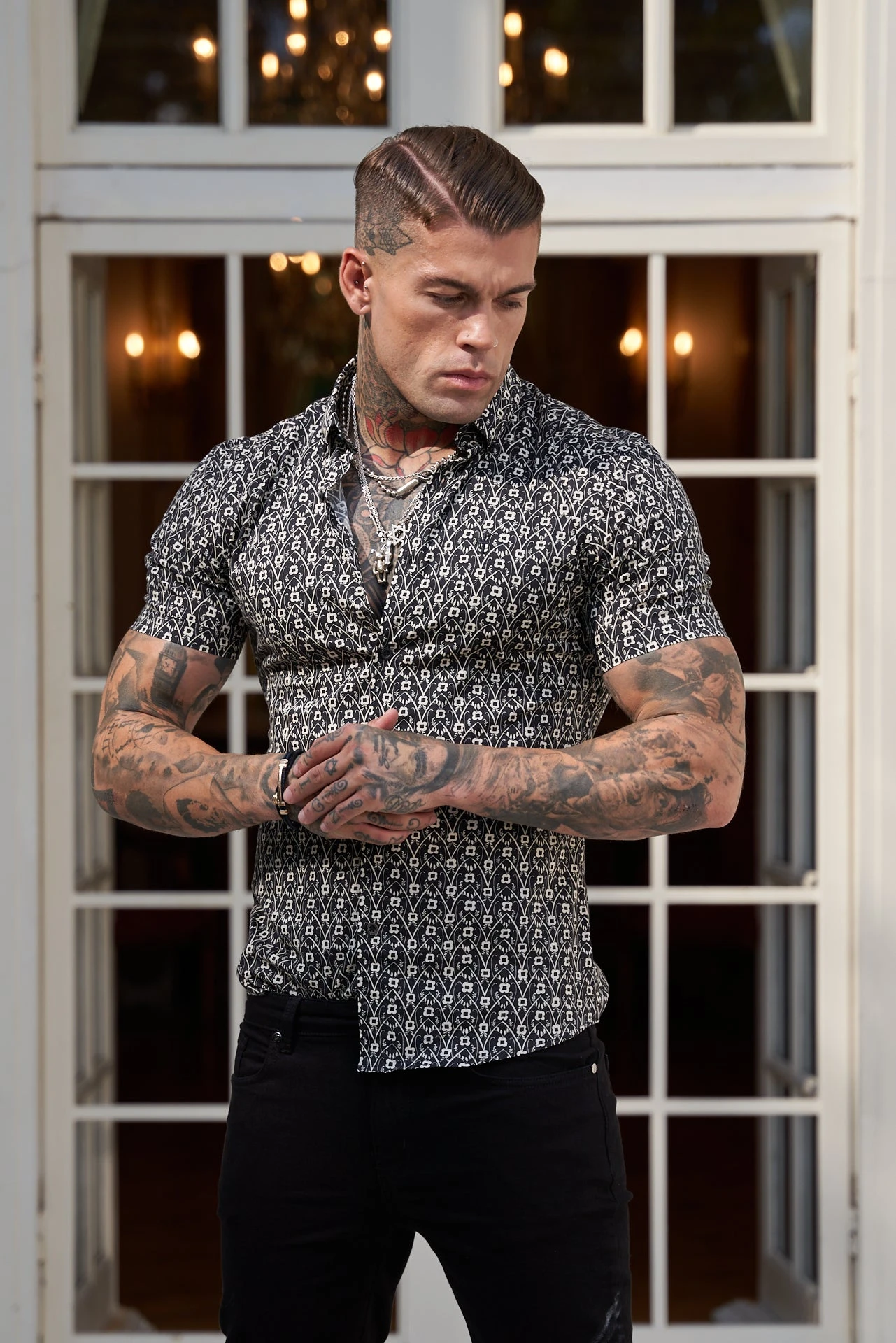Father Sons Super Slim Stretch Black And Ecru Geo Flower Print Short Sleeve With Button Down Collar - FS787 - Image 2