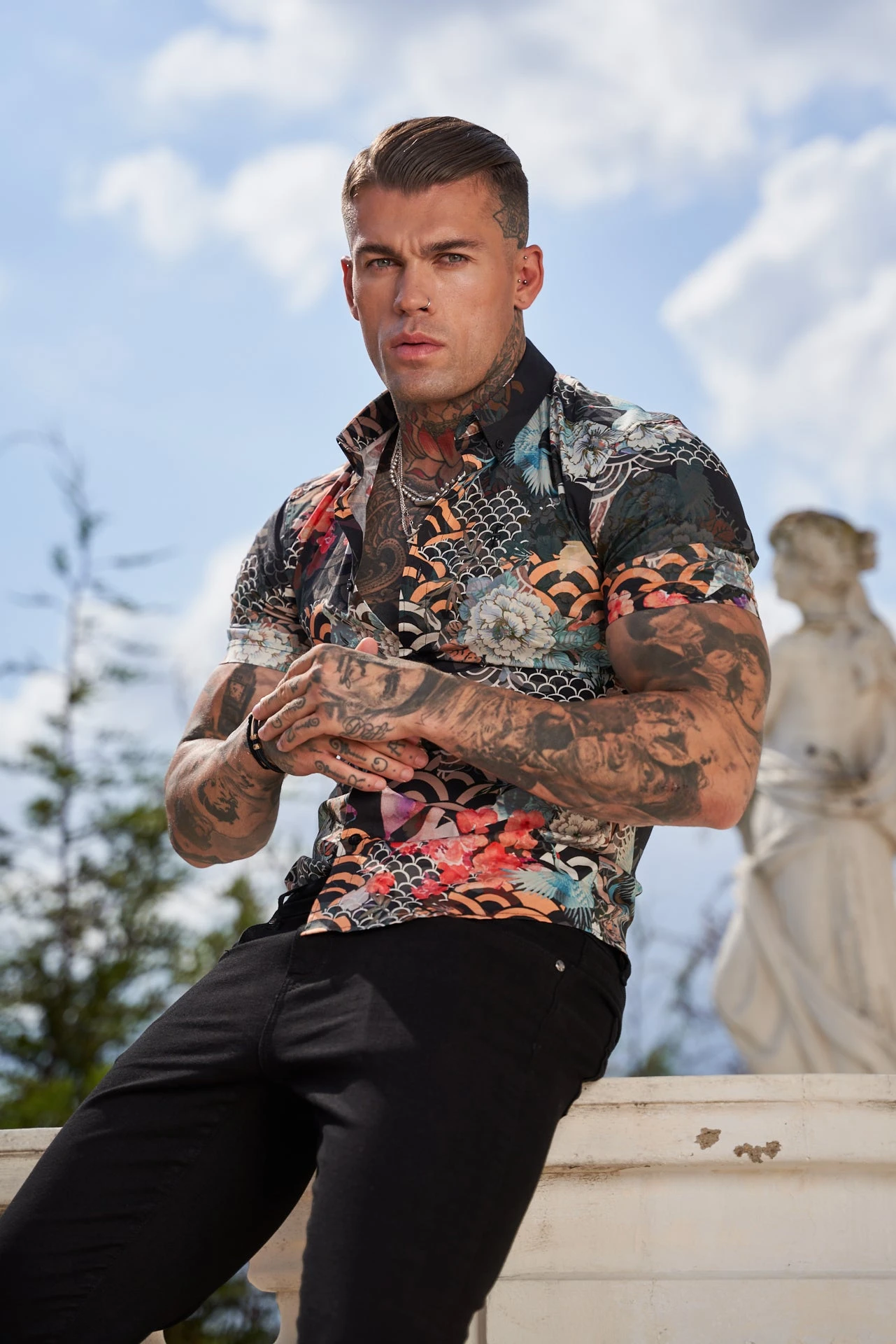 Father Sons Super Slim Stretch Multi Oriental Print Short Sleeve With Button Down Collar - FS766 - Image 6