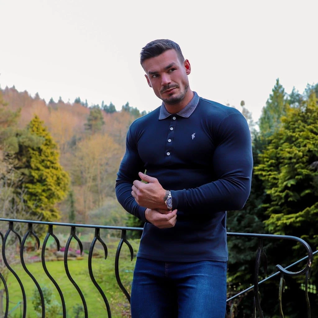 Father Sons Classic Navy Pima Polo Shirt With Contrast Collar Long Sleeve - FSH427