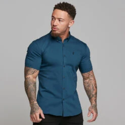 Father Sons Super Slim Ultra Stretch Classic Teal Short Sleeve (Charcoal Buttons) - FS485