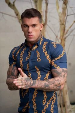 Father Sons Super Slim Stretch Airforce Blue / Gold Chain Print Short Sleeve With Button Down Collar - FS860