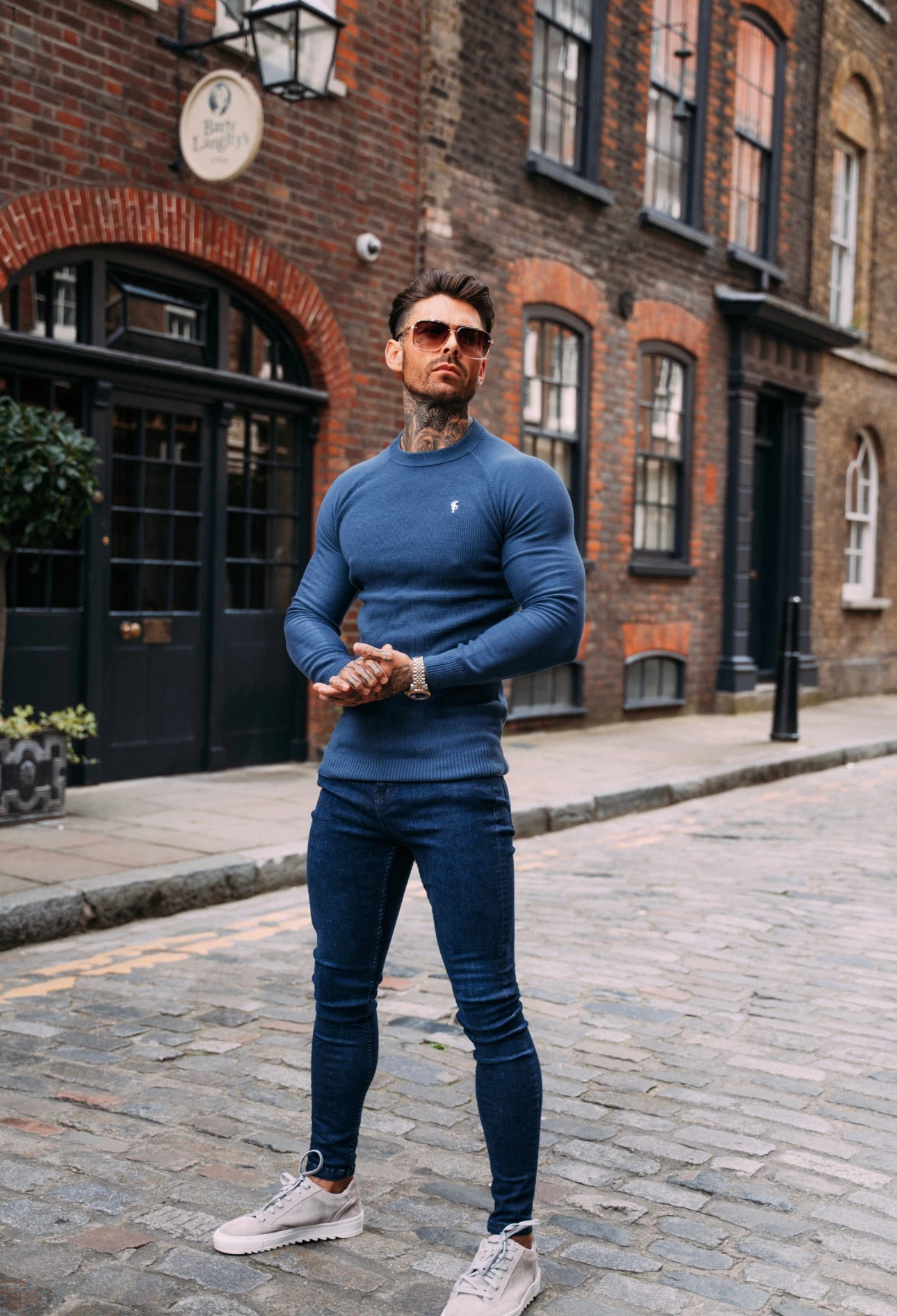 Father Sons Air Force Blue Knitted Honeycomb Raglan Crew Super Slim Jumper With Metal Decal - FSN066 - Image 3