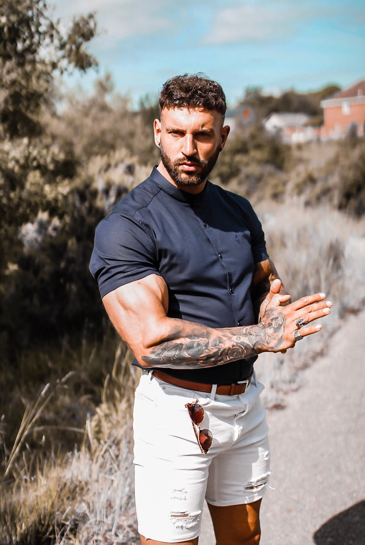 Father Sons Super Slim Stretch Grandad Collar Short Sleeve Classic Navy Oxford - FS584 - Image 11