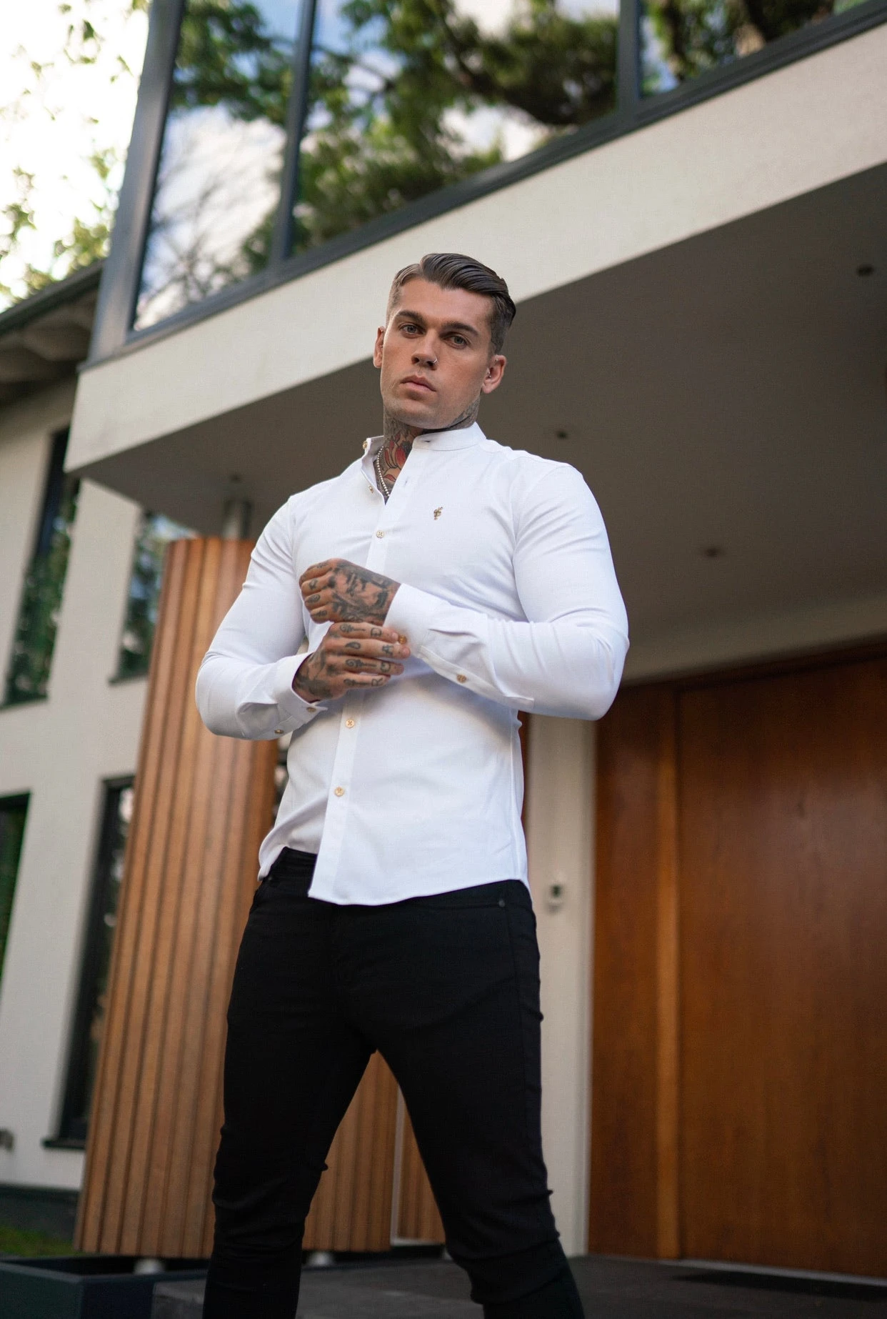 Father Sons Super Slim Stretch White Denim Long Sleeve Grandad Collar With Metal Buttons And Decal Emblem - FS719 - Image 12