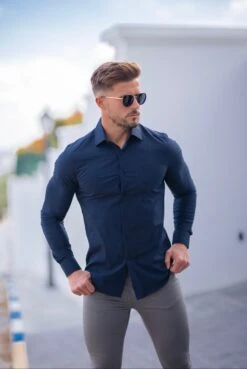 Father Sons Classic Navy Stretch Shirt With Button Down Collar And Navy Embroidery - FS564