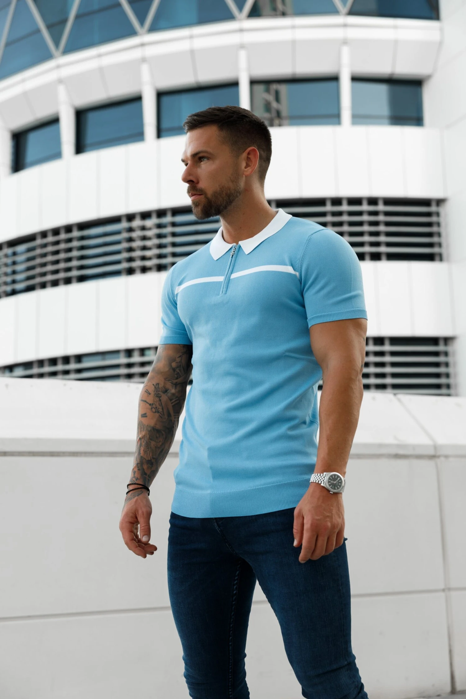 Father Sons Classic Sky Blue / White Horizontal Stripe Zipped Polo Short Sleeve - FSN058 - Image 12