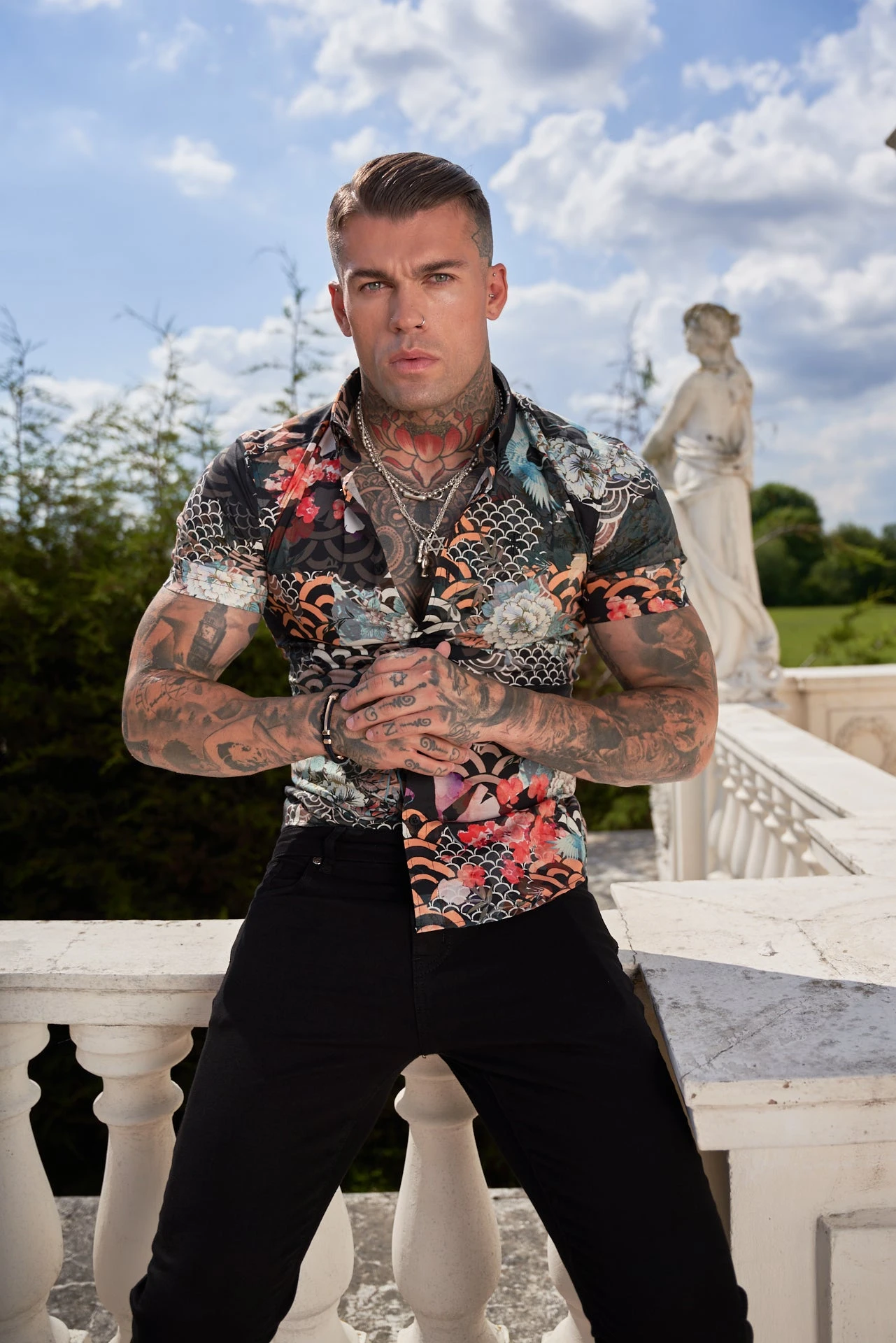 Father Sons Super Slim Stretch Multi Oriental Print Short Sleeve With Button Down Collar - FS766 - Image 10