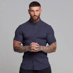 Father Sons Super Slim Stretch Ribbed Navy Short Sleeve - FS442