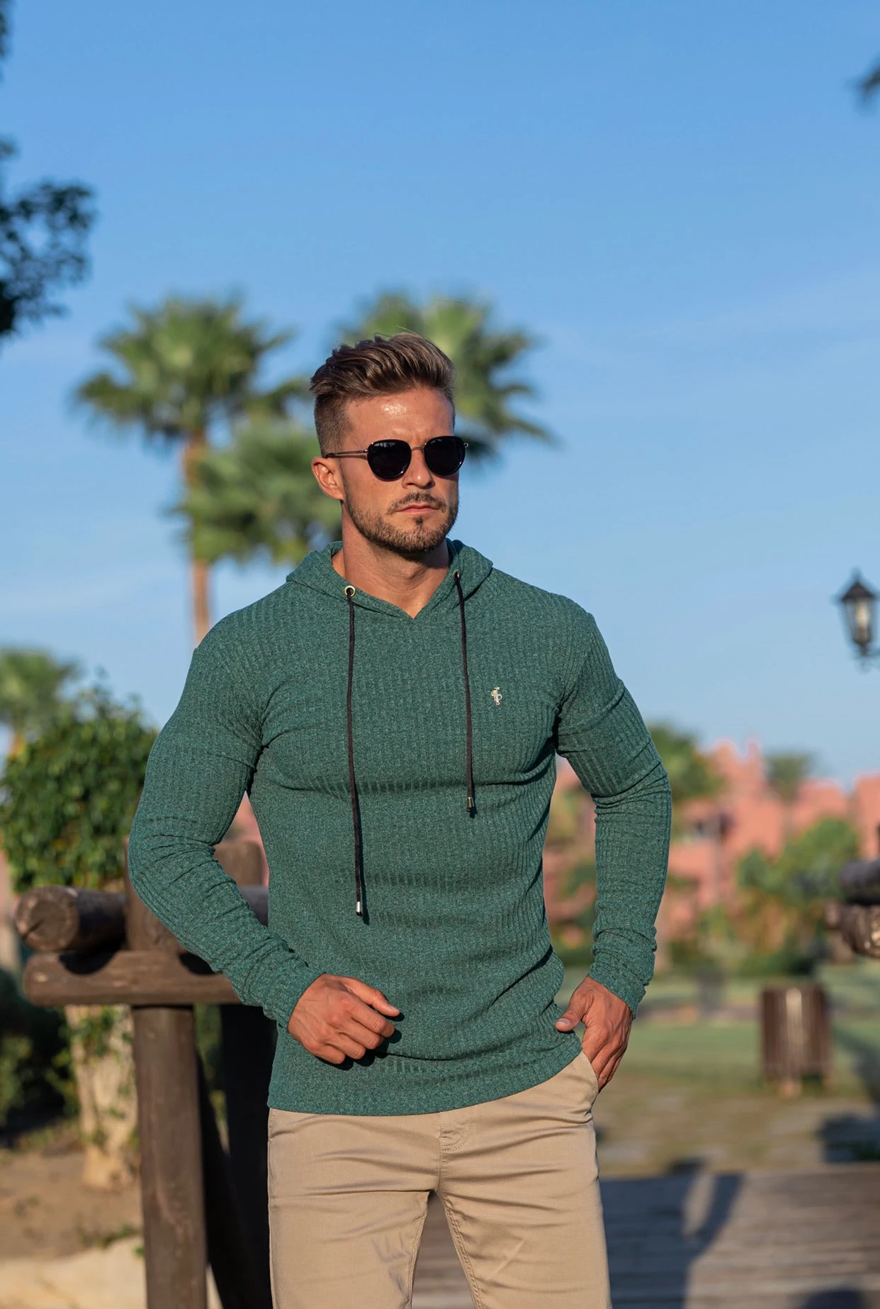 Father Sons Classic Forest Green / Gold Ribbed Knit Hoodie Jumper - FSH508 - Image 6