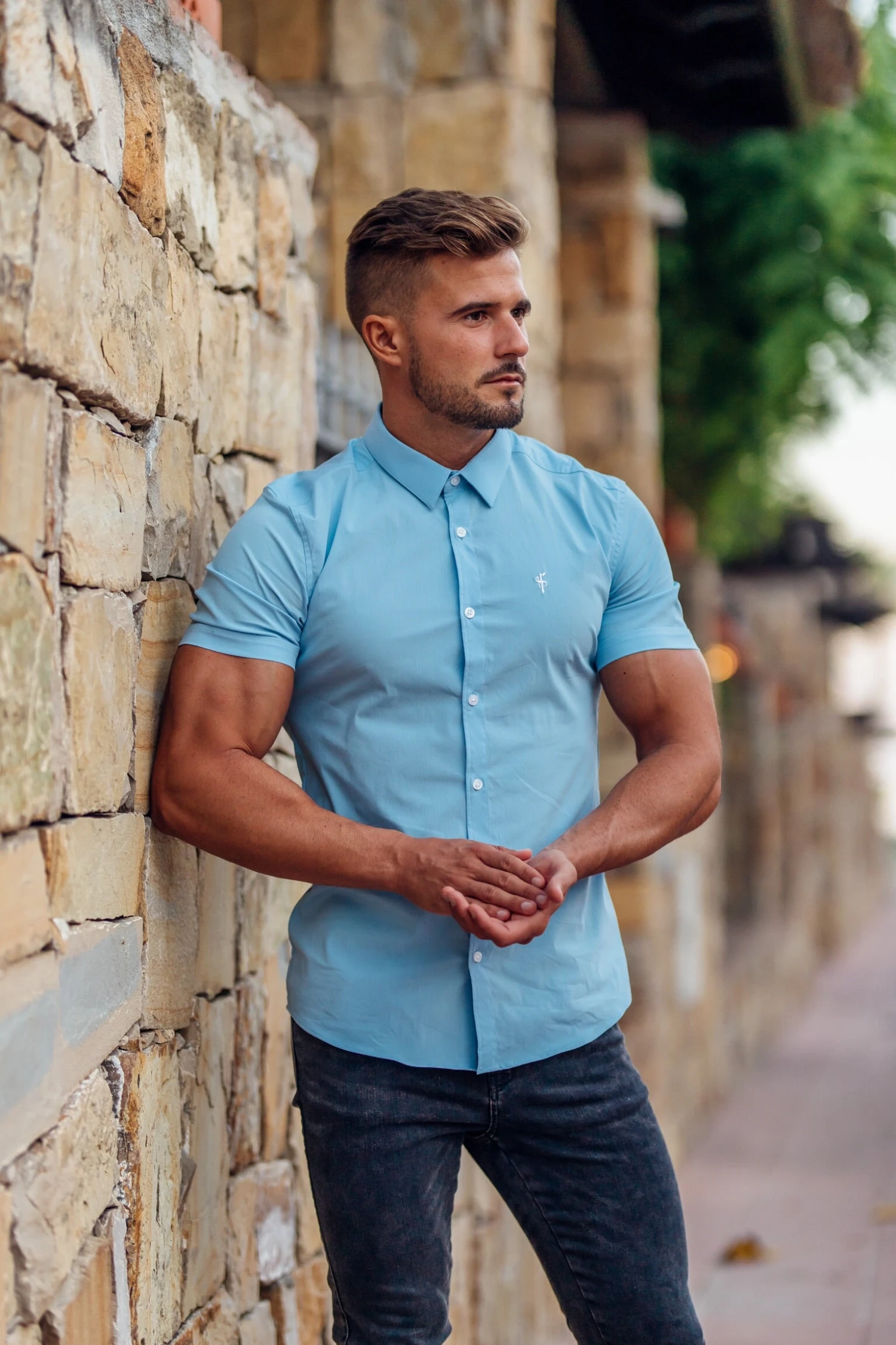 Father Sons Super Slim Pale Blue Ultra Stretch Short Sleeve Shirt (White Embroidery) - FS619 - Image 2