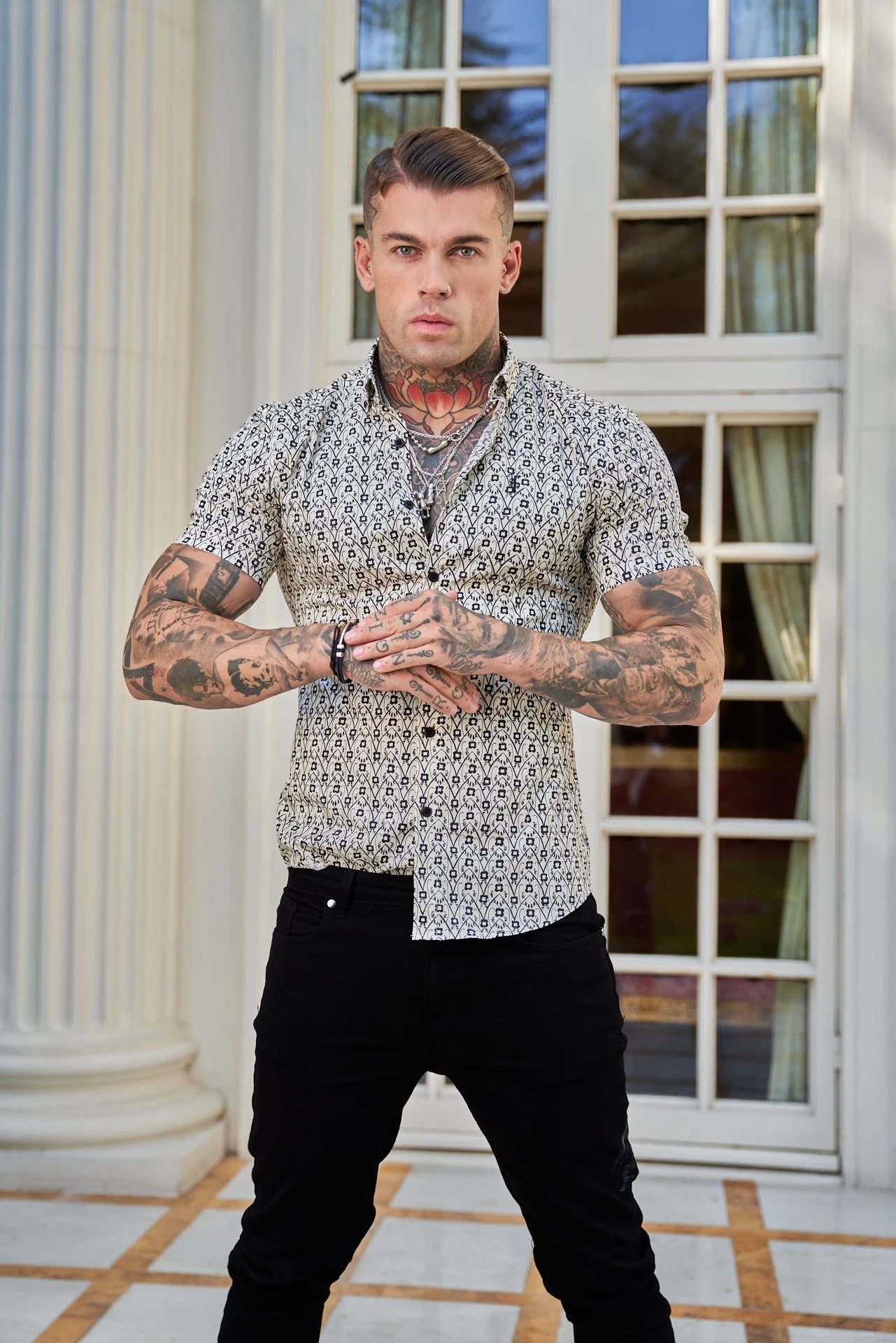 Father Sons Super Slim Stretch Ecru / Black Geo Flower Print Short Sleeve With Button Down Collar - FS788 - Image 13