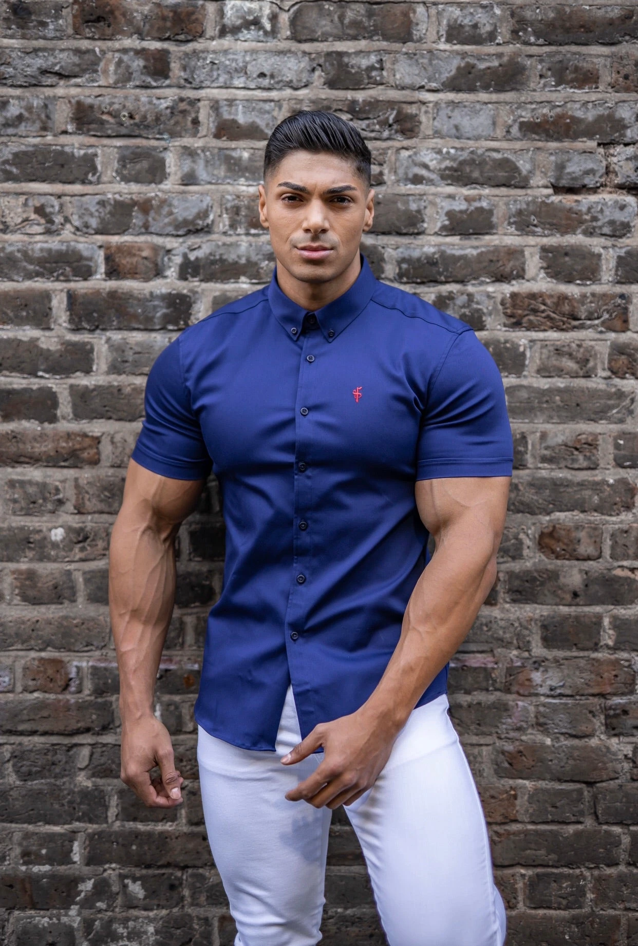 Father Sons Super Slim Stretch Navy Denim Short Sleeve (Red Emblem) - FS199 - Image 4