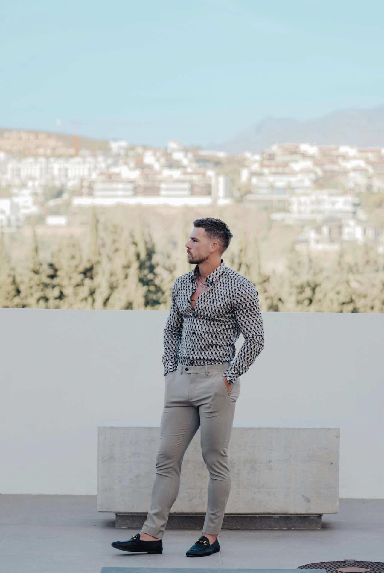 Father Sons Super Slim Stretch Grey / Beige Chevron Print Long Sleeve With Button Down Collar - FS904 - Image 9
