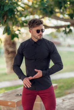 Father Sons Classic Black Stretch Shirt With Button Down Collar And Black Embroidery - FS563