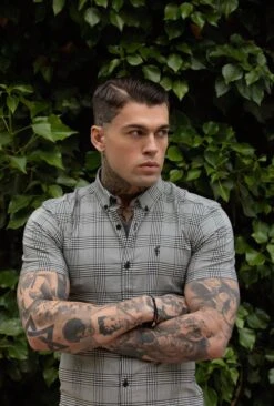 Father Sons Super Slim Stretch Prince Of Wales White And Black Check Short Sleeve - FS460