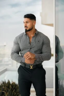 Father Sons Super Slim Stretch Black Vintage Ditsy Print Long Sleeve With Button Down Collar - FS908