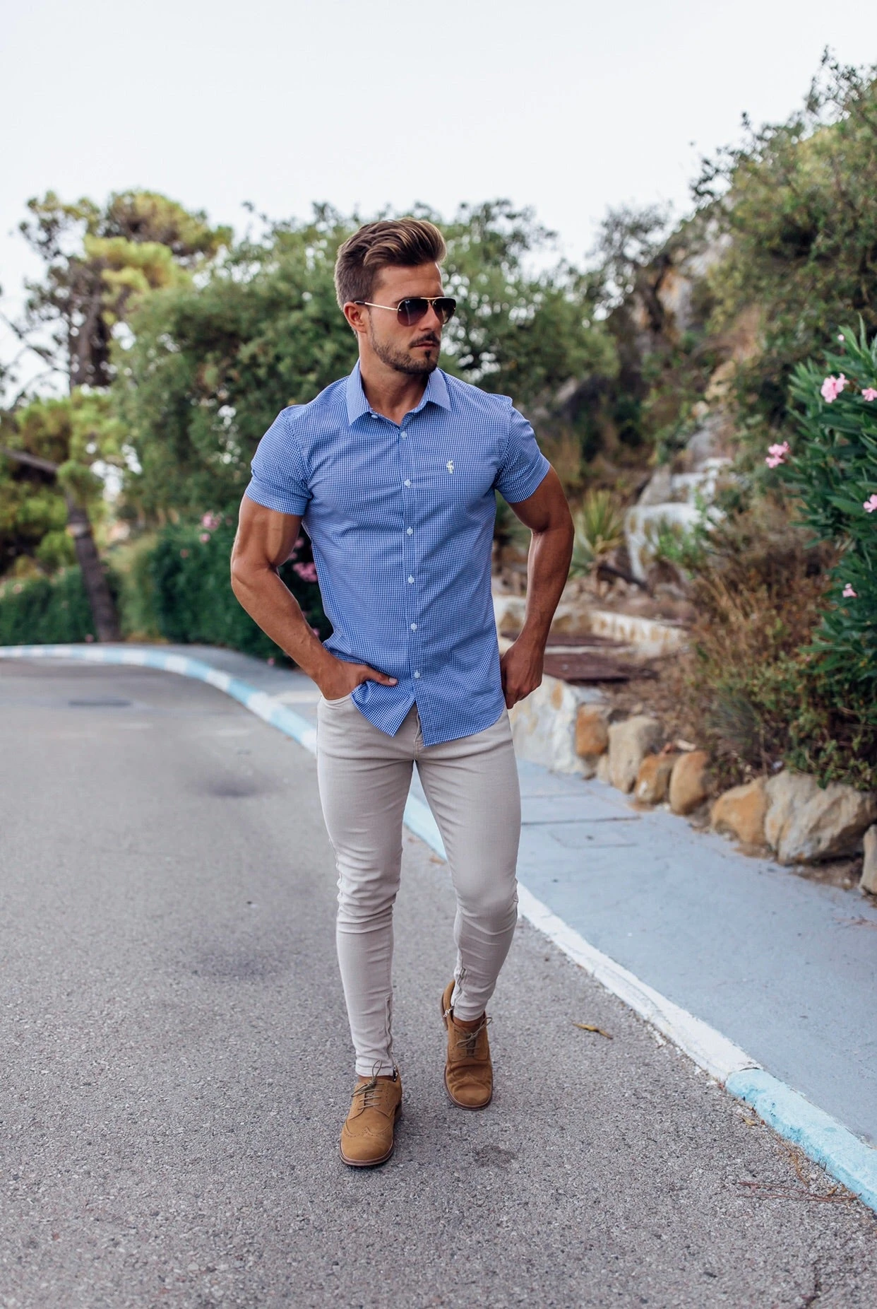 Father Sons Super Slim Stretch Gingham Short Sleeve (Yellow Emblem) - FS576 - Image 2